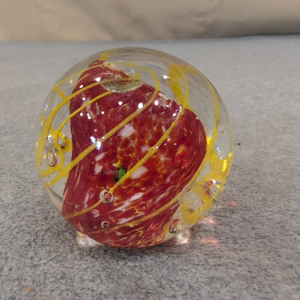Art Glass Paperweight Red White Mottled Core Yellow Swirl Controlled Bubbles - Picture 3 of 5